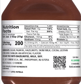 nutella nutrition facts label